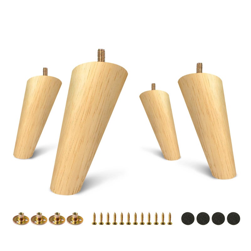 FoDau770 Rubber Wood Furniture Legs 5 Inches, Slant Tapered Wood Feet Mid Century Sofa Legs Set of 4, 5/16"" UNC Furniture Feet Replacement Parts for Cabinet Couch Dresser Chair Ottoman Table - Image 1
